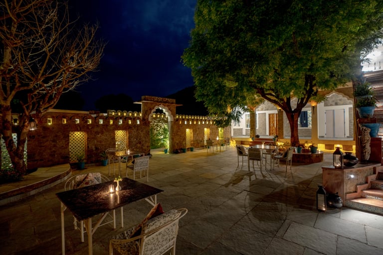 Illuminated outdoor patio at night